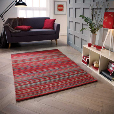 Handmade Easy to Clean Modern Striped Red Wool Rug for Living Room & Bedroom-120cm X 170cm