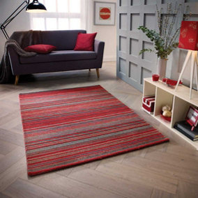 Handmade Easy to Clean Modern Striped Red Wool Rug for Living Room & Bedroom-80cm X 150cm
