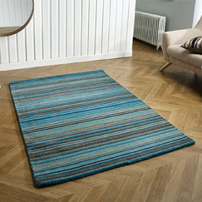 Handmade Easy to Clean Modern Striped Teal Wool Rug for Living Room & Bedroom-120cm X 170cm