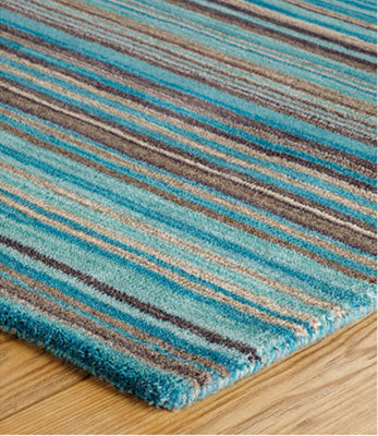 Handmade Easy to Clean Modern Striped Teal Wool Rug for Living Room ...