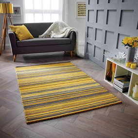 Handmade Easy to Clean Modern Striped Yellow Wool Living Room Bedroom Rug-120cm X 170cm