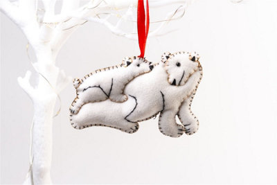 Handmade Felt Polar Bear with Cub Christmas Tree Hanging Decoration - 7.5 cm