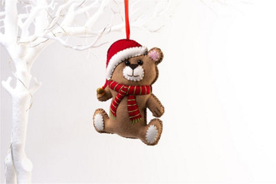 Handmade Felt Teddy Bear Red Scarf Christmas Tree Hanging Decoration - 13 cm