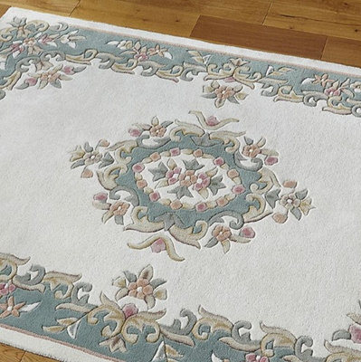 Handmade Floral Boreder Cream Green Traditional Easy to Clean Wool Rug for Living Room & Bedroom-160cm X 235cm