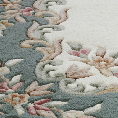Handmade Floral Boreder Cream Green Traditional Easy to Clean Wool Rug for Living Room & Bedroom-160cm X 235cm