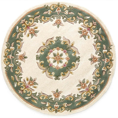 Handmade Floral Boreder Cream Green Traditional Easy to Clean Wool Rug for Living Room & Bedroom-160cm X 235cm