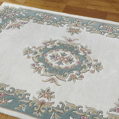 Handmade Floral Boreder Cream Green Traditional Easy to Clean Wool Rug