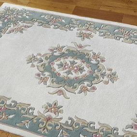 Handmade Floral Boreder Cream Green Traditional Easy to Clean Wool Rug for Living Room & Bedroom-200cm X 285cm