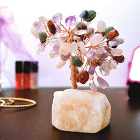 Handmade Gemstone Tree Ornament - Home Desk, Shelf or Side Table Decoration with 96 Polished Stones - Measures 11cm x 10cm x 8cm