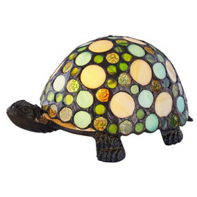Handmade Green and Amber Pebble Glass Tortoise Tiffany Lamp with Bronze Base