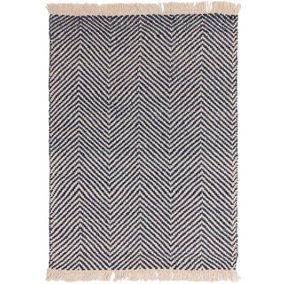 Handmade Kilim Modern Navy Geometric Cotton Jute Rug for Living Room and Bedroom-120cm X 170cm
