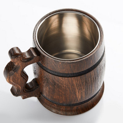 Handmade Large Oak Wooden Tankard Mug - Amazing Craftsmanship and Quality Materials - Metal Lining, Heavy Duty, & Long-Lasting Mug