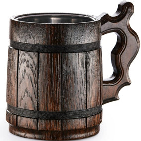 Handmade Large Oak Wooden Tankard Mug - Amazing Craftsmanship & Quality Materials - Metal Lining, Heavy Duty, & Long-Lasting Mug
