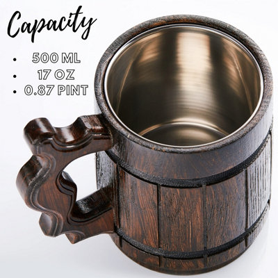 Handmade Large Oak Wooden Tankard Mug - Amazing Craftsmanship & Quality Materials - Metal Lining, Heavy Duty, & Long-Lasting Mug