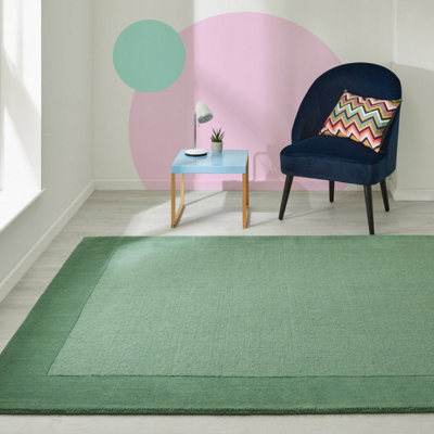 Handmade Luxurious Easy to Clean Modern Wool Bordered Green Plain Wool Living Room & Bedroom Rug-160cm X 230cm