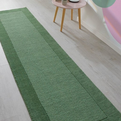 Handmade Luxurious Easy to Clean Modern Wool Bordered Green Plain Wool Living Room & Bedroom Rug-160cm X 230cm