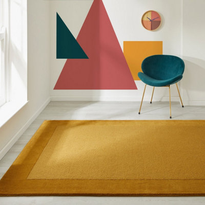 Handmade Luxurious Easy to Clean Modern Wool Bordered Mustard Plain Wool Living Room & Bedroom Rug-160cm X 230cm