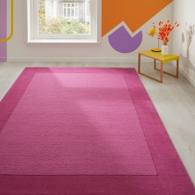 Handmade Luxurious Easy to Clean Modern Wool Bordered Pink Plain Wool Living Room & Bedroom Rug-120cm X 170cm