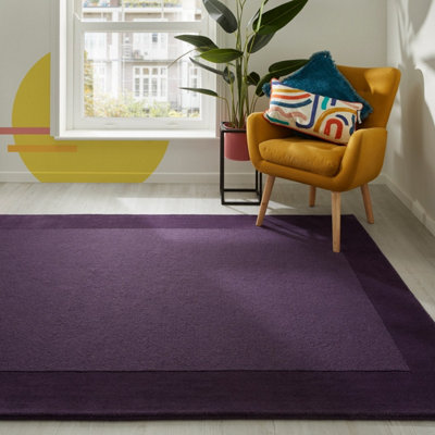 Handmade Luxurious Easy to Clean Modern Wool Bordered Purple Plain Wool Living Room & Bedroom Rug-120cm X 170cm