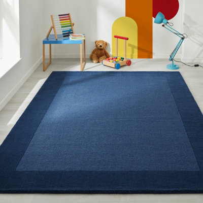 Handmade Luxurious Modern Bordered Blue Plain Easy to Clean Wool Rug