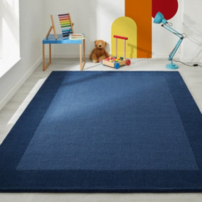 Handmade Luxurious Modern Bordered Blue Plain Easy to Clean Wool Rug for Living Room & Bedroom-120cm X 170cm