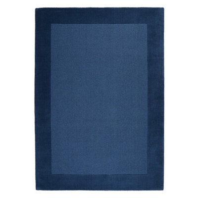Handmade Luxurious Modern Bordered Blue Plain Easy to Clean Wool Rug for Living Room & Bedroom-160cm X 230cm