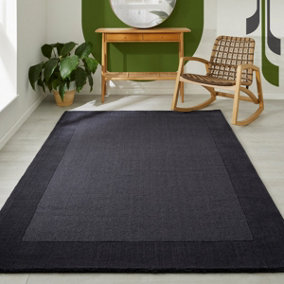 Handmade Luxurious Modern Easy to Clean Wool Bordered Charcoal Plain Wool Rug for Living Room & Bedroom-160cm X 230cm