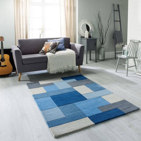 Handmade Luxurious Modern Geometric Easy to Clean Blue Wool Rug for Living Room & Bedroom-120cm X 170cm
