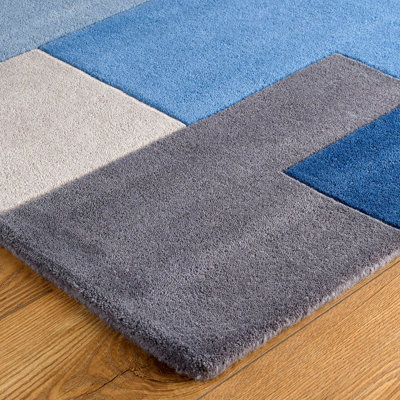 Handmade Luxurious Modern Geometric Easy to Clean Blue Wool Rug for Living Room & Bedroom-90cm X 150cm - 3