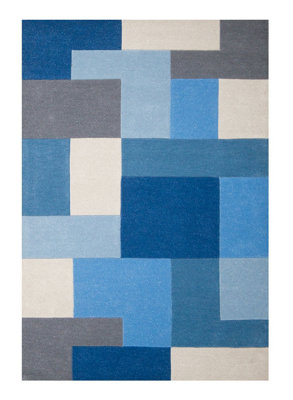 Handmade Luxurious Modern Geometric Easy to Clean Blue Wool Rug for Living Room & Bedroom-90cm X 150cm - 4