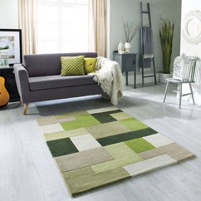 Handmade Luxurious Modern Geomtetric Easy to Clean Green Wool Rug for Living Room & Bedroom-120cm X 170cm