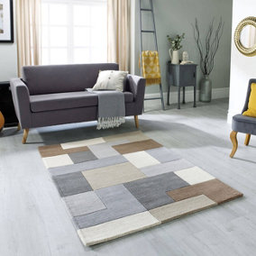 Handmade Luxurious Modern Geomtetric Easy to Clean Neutral Wool Rug for Living Room & Bedroom-120cm X 170cm