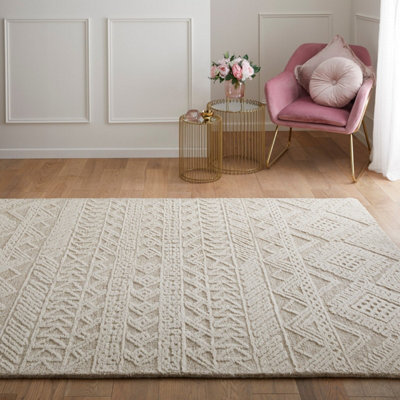 Handmade Modern Easy to Clean Beige Ivory Wool Geometric Living Room Bedroom Rug-200cm X 285cm