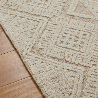 Handmade Modern Easy to Clean Beige Ivory Wool Geometric Living Room ...