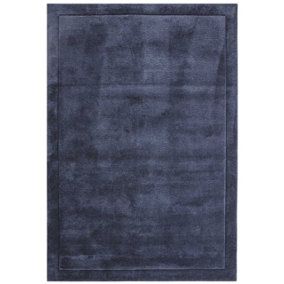 Handmade Modern Easy to Clean Blue Shaggy Bordered Plain Wool Rug for Bedroom & Living Room-120cm X 170cm