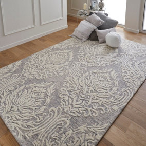 Handmade Modern Easy to Clean Floral Grey Ivory Wool Rug for Living Room & Bedroom-120cm X 170cm