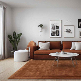 Handmade Modern Easy to CleanOrange Shaggy Bordered Plain Wool Rug for Living Area & Bedroom-200cm X 290 cm