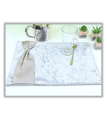 HANDMADE PLACEMATS - PLUSH AND SILK WITH BUTTON,  SILVER - 44 X 30 CM SET OF 2