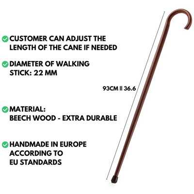 Handmade Wood Cane (93cm) - Brown Wooden Walking Sticks For Men With Ferrule - Aesthetic Mobility & Disability Aids Walking Stick