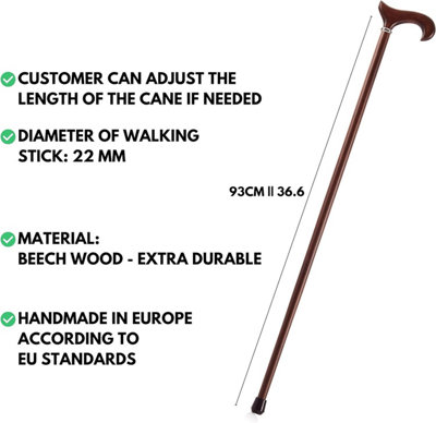 Handmade Wood Cane (93cm) Height - Wooden Walking Sticks For Men With Ferrule - Aesthetic Mobility & Disability Aids Walking Stick