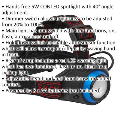 Hands-Free Head Torch Spotlight - 3W COB LED - Auto Sensor - Battery Powered
