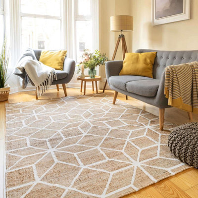 Handwoven Natural Beige Geometric Jute Area Rug 120x170cm