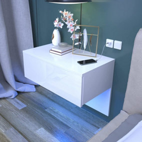 Hanging Bedside Table in High Gloss Front Cream White Floating Bedside Cabinet With RGB Light