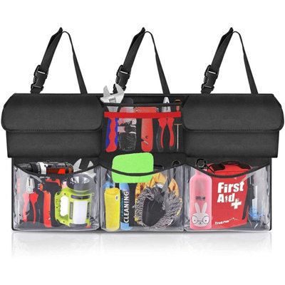 Hanging Car Boot Organiser - Multi Pocket Trunk Back Seat - Collapsible & Portable - With Waterproof Base - 6 Spacious Pockets