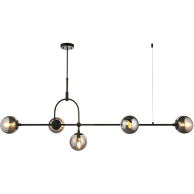 Hanging Ceiling Bar Pendant Light - 5x Grey Tinted Glass Shades - Matt Black Linear Lamp