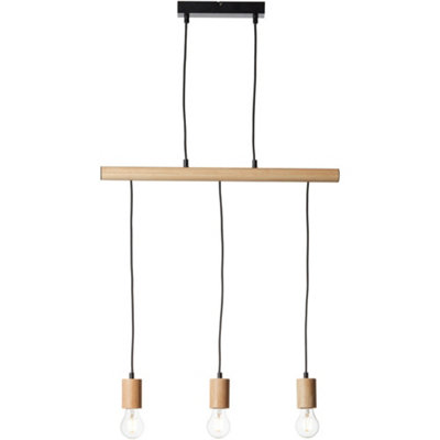 Hanging Ceiling Bar Pendant Light - Matt Black & Natural Wood - 3 X 10W LED E27