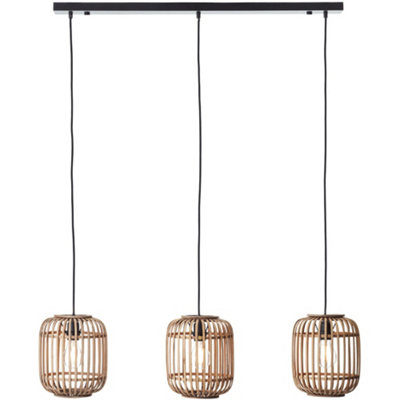 Hanging Ceiling Bar Pendant Light - Natural Bamboo Plywood & Matt Black Paint - 3 X 10W LED E27