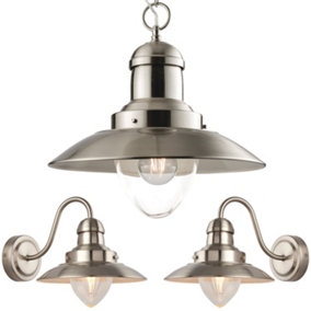 Hanging Ceiling Pendant Lamp & 2x Matching Wall Light Industrial Satin Nickel