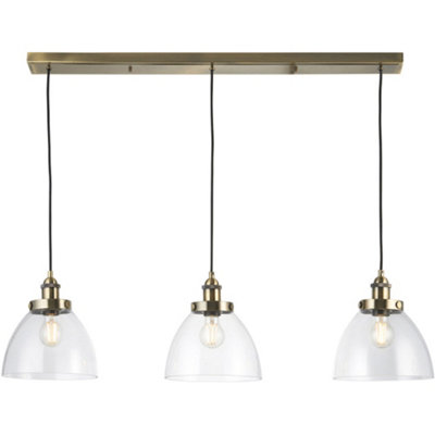 Hanging Ceiling Pendant Light - Antique Brass Plate & Clear Glass - 3 X 10W LED E27