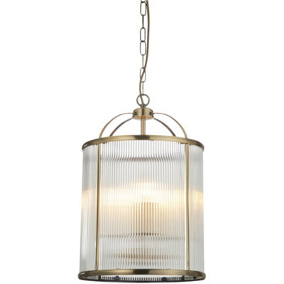 Hanging Ceiling Pendant Light - Antique Brass Plate & Clear Ribbed Glass - 4 X 6W LED E14